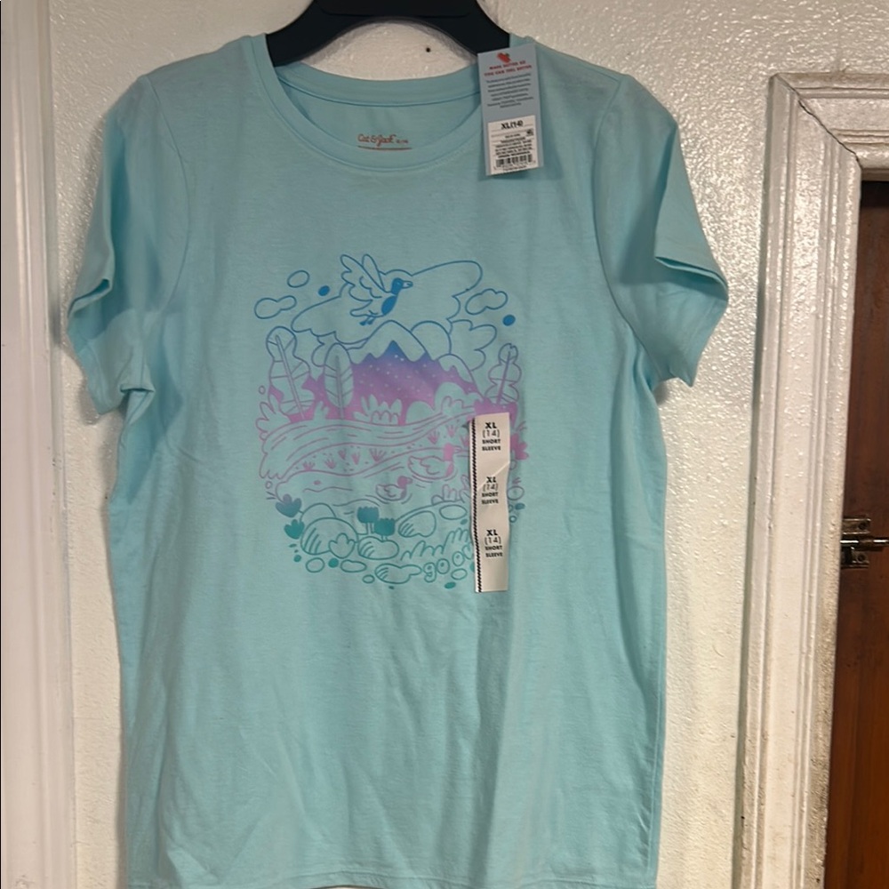 Cat & Jack Light Blue Kids Shirt with Purple Graphic